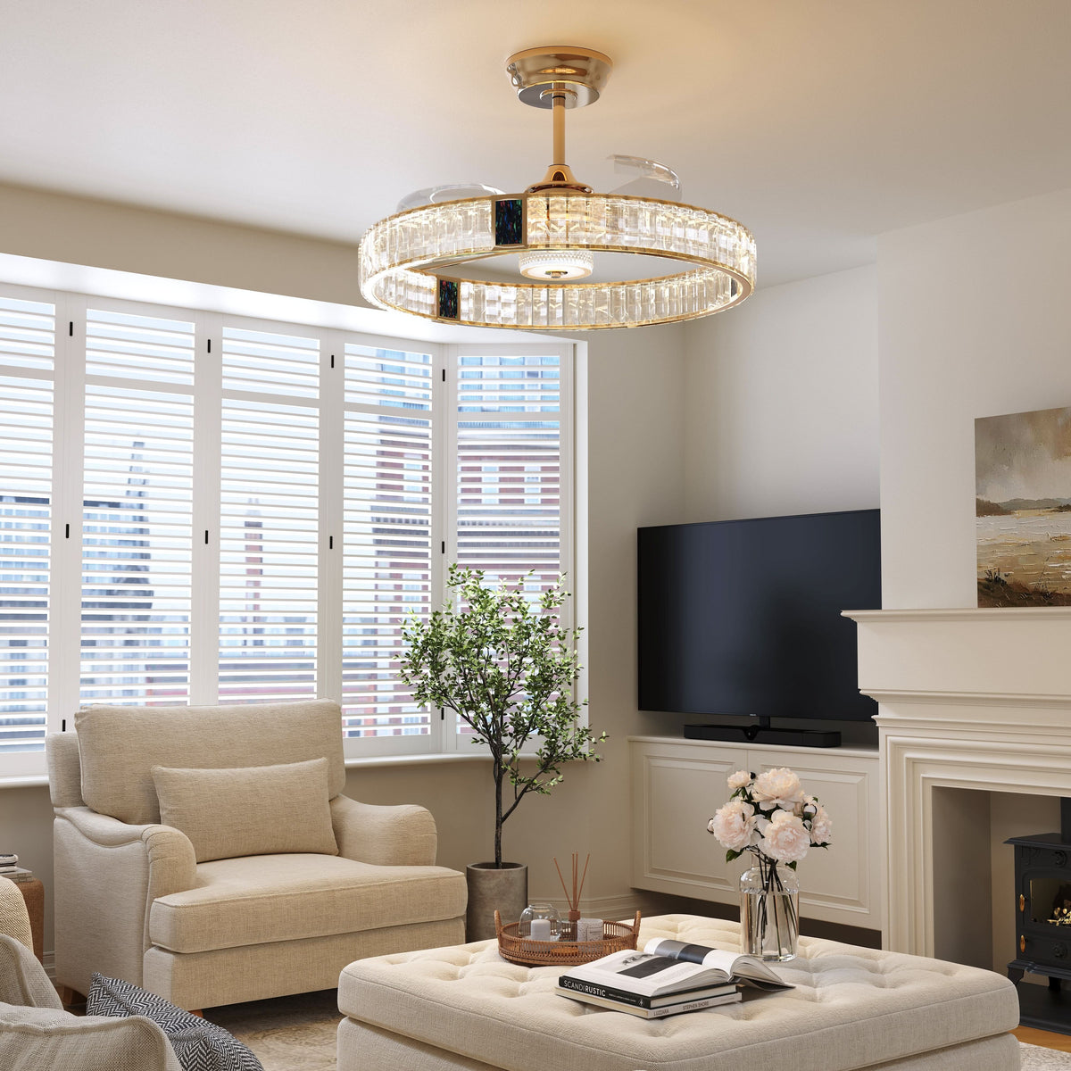 DC ceiling fan with LED light, gold crystal chandelier design, 60cm, 6 speeds with remote control