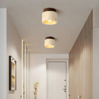 Travertine cylinder ceiling light with wood accent, warm white E27, Japandi style