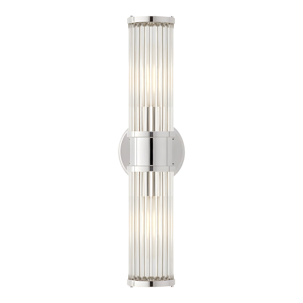 Modern wall lamp with cylindrical ribbed clear glass shade in chrome and gold finish, 1 or 2 light