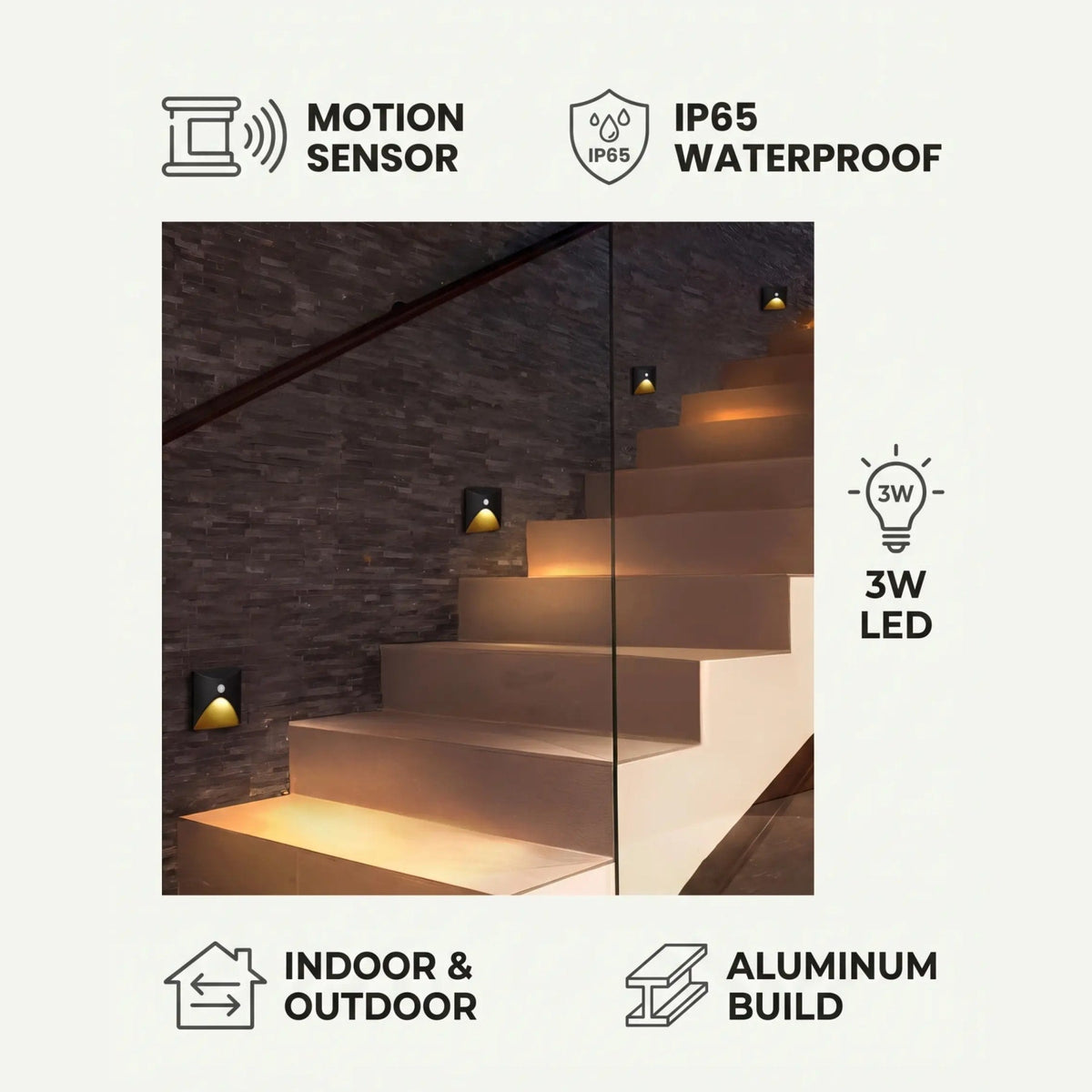 LED wall light with motion sensor for hallway, die-cast aluminum, black and white, 3W