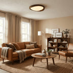 Flush mount ceiling light with walnut wood-effect frame and fabric shade, tri-colour, slim profile