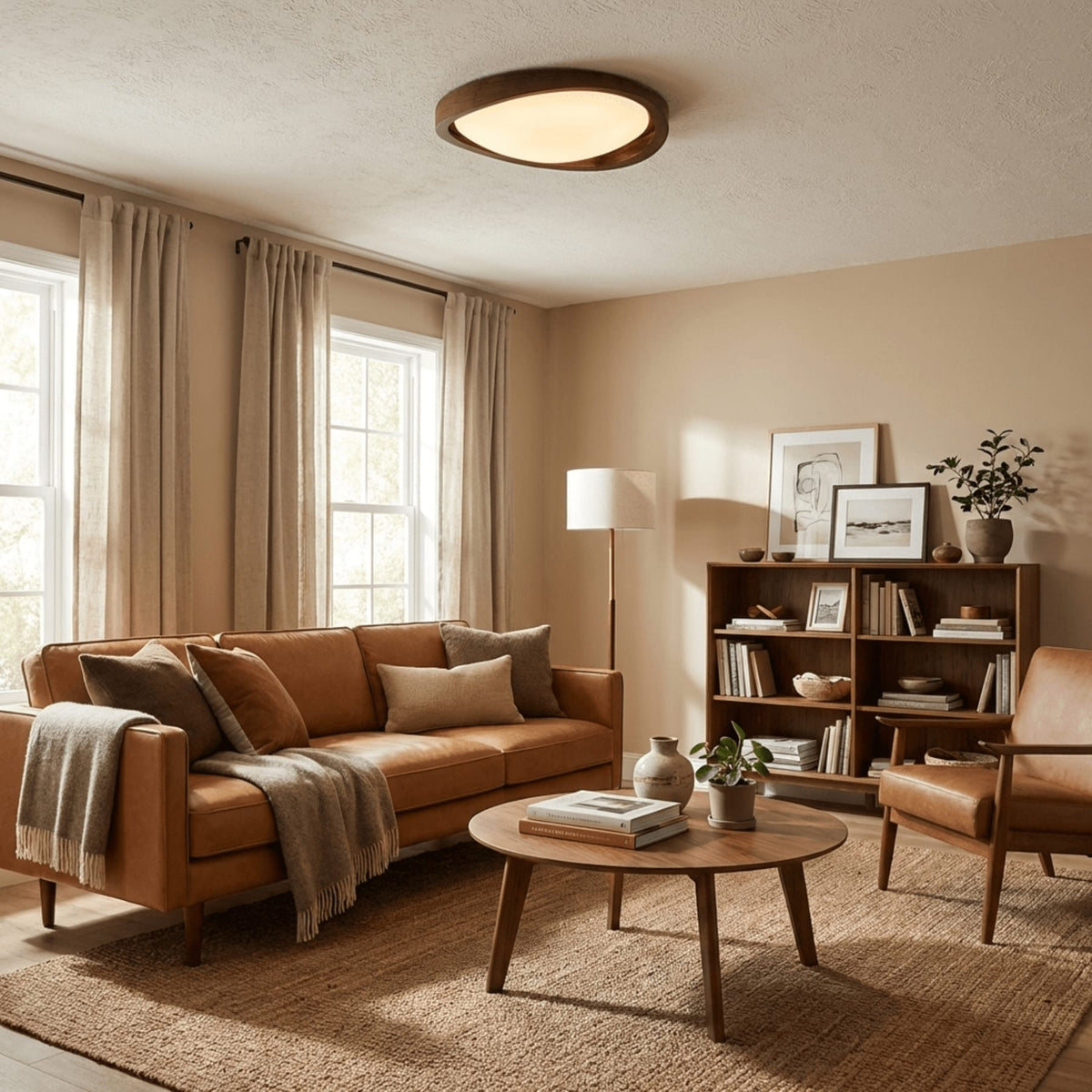 Flush mount ceiling light with walnut wood-effect frame and fabric shade, tri-colour, slim profile
