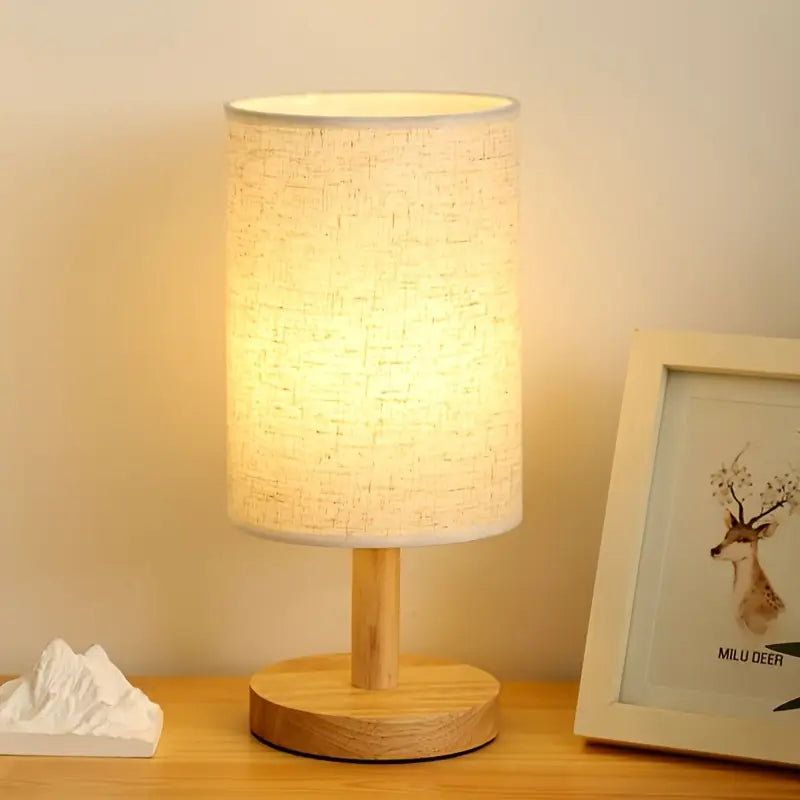 Minimalist Japanese LED Table Lamp - Wooden Base - Fabric Shade