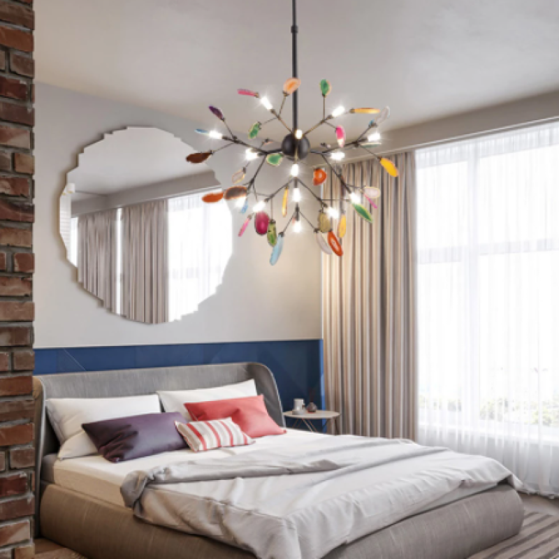 Branch-style glass chandelier with adjustable suspension and metal arms, three sizes