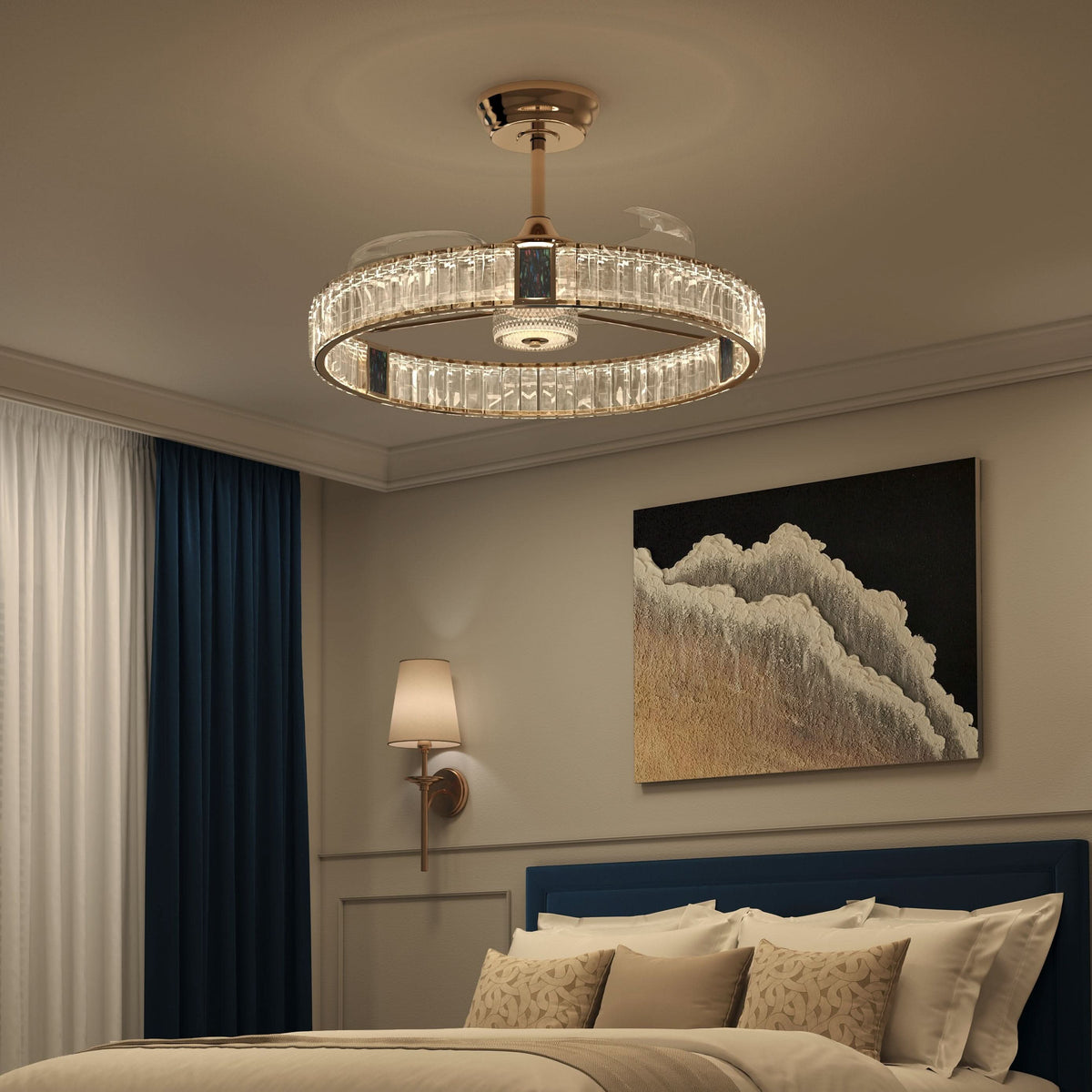 DC ceiling fan with LED light, gold crystal chandelier design, 60cm, 6 speeds with remote control