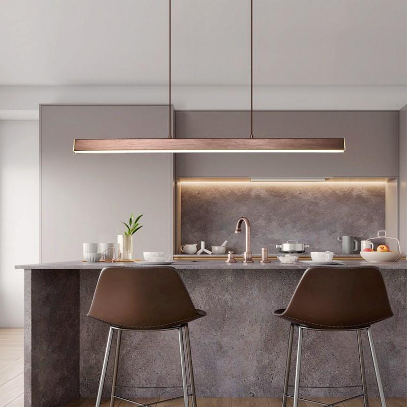 Modern linear LED pendant light in black metal with acrylic shade, dimmable, dining room