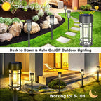 Solar garden lights 8-pack with glass shade and stainless steel pole, pathway stake installation