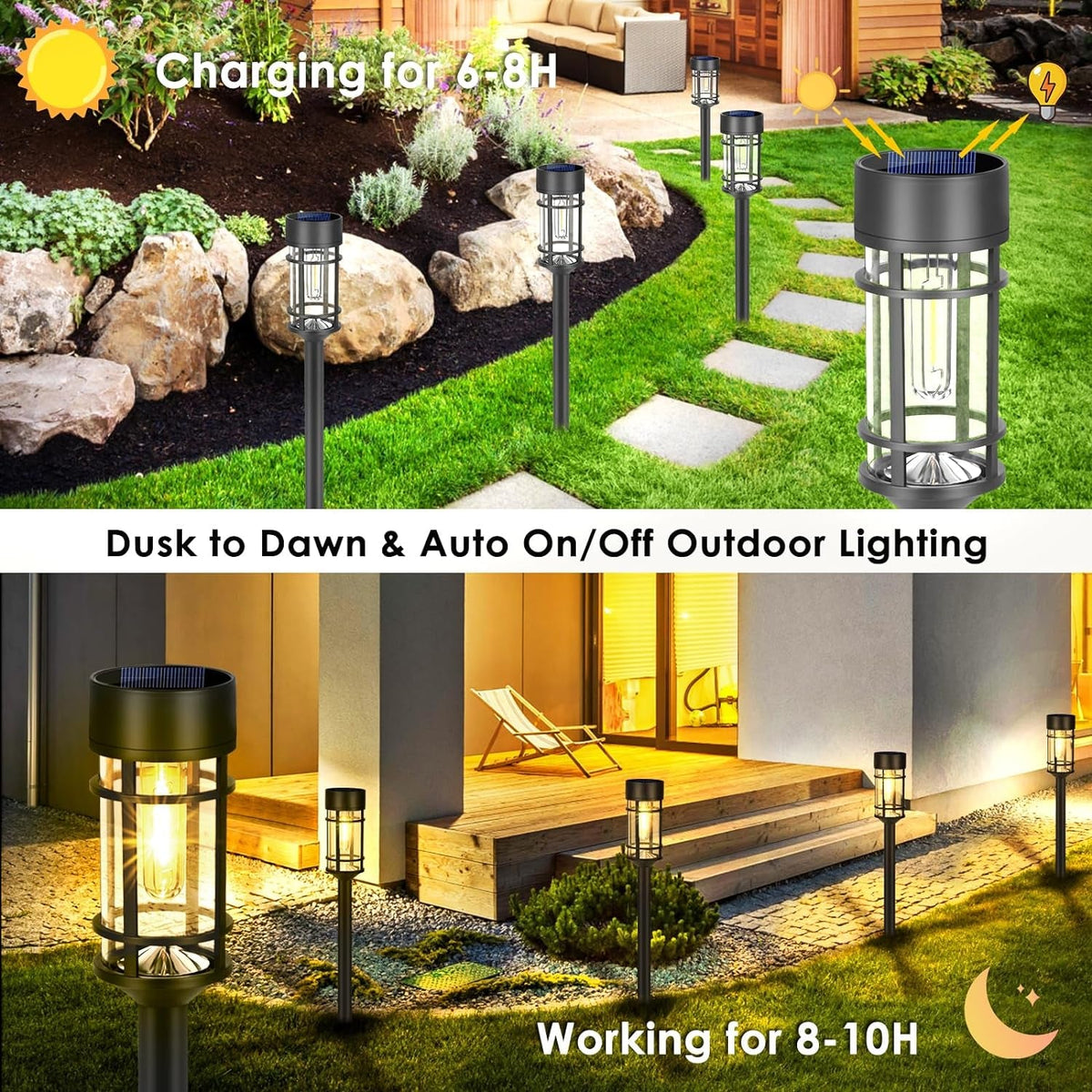 Solar garden lights 8-pack with glass shade and stainless steel pole, pathway stake installation