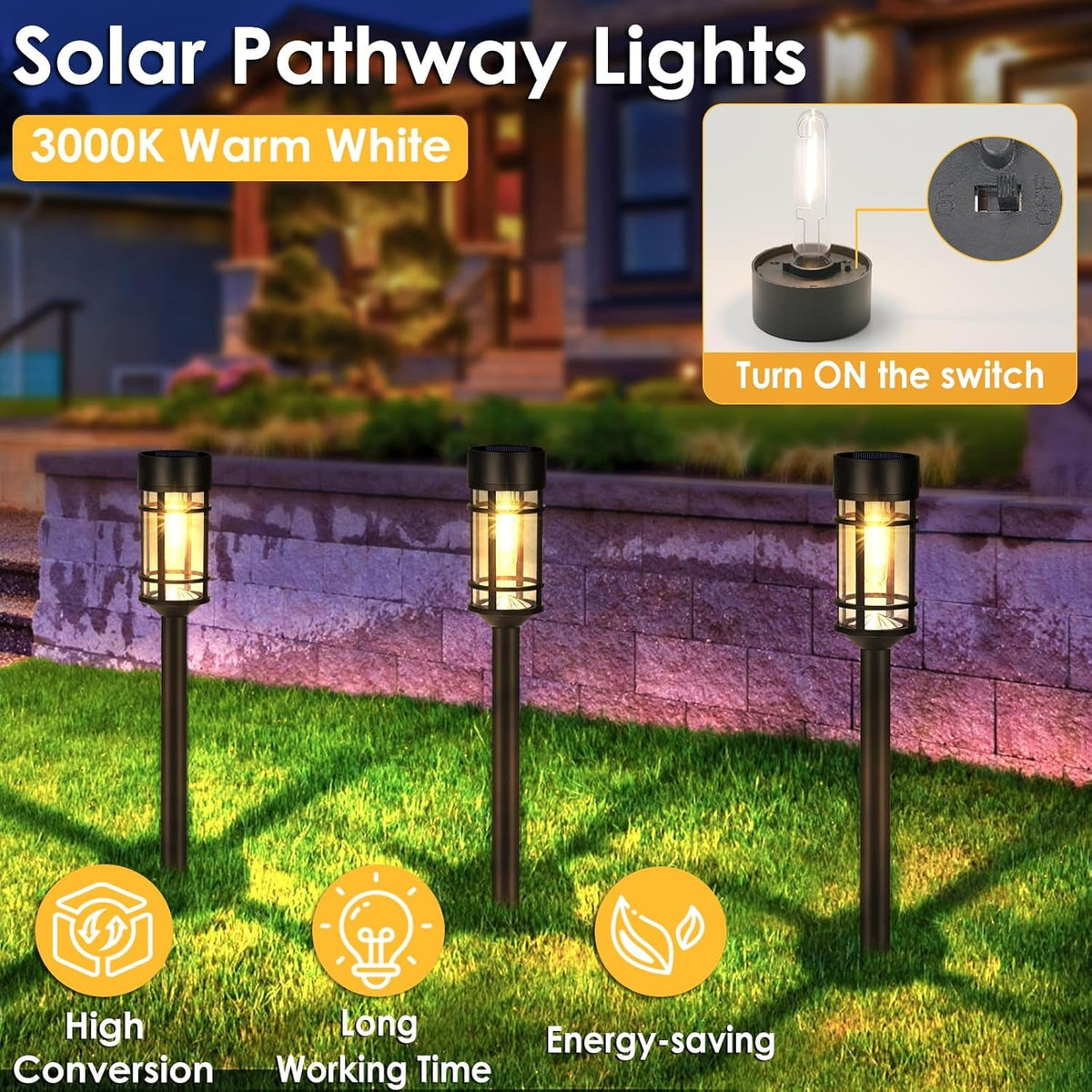 Solar garden lights 8-pack with glass shade and stainless steel pole, pathway stake installation