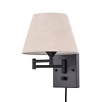Plug-in swing arm wall lamp with linen shade and black iron frame, warm white E26 LED