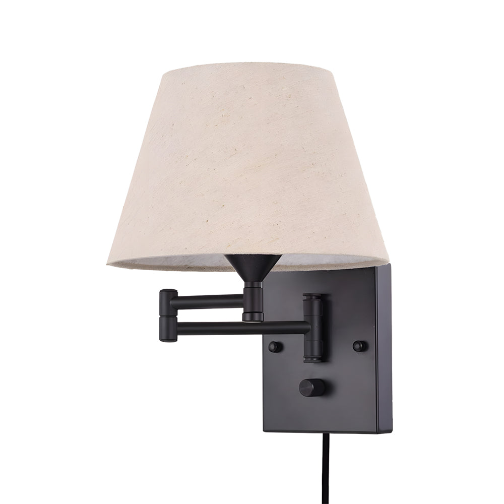 Plug-in swing arm wall lamp with linen shade and black iron frame, warm white E26 LED