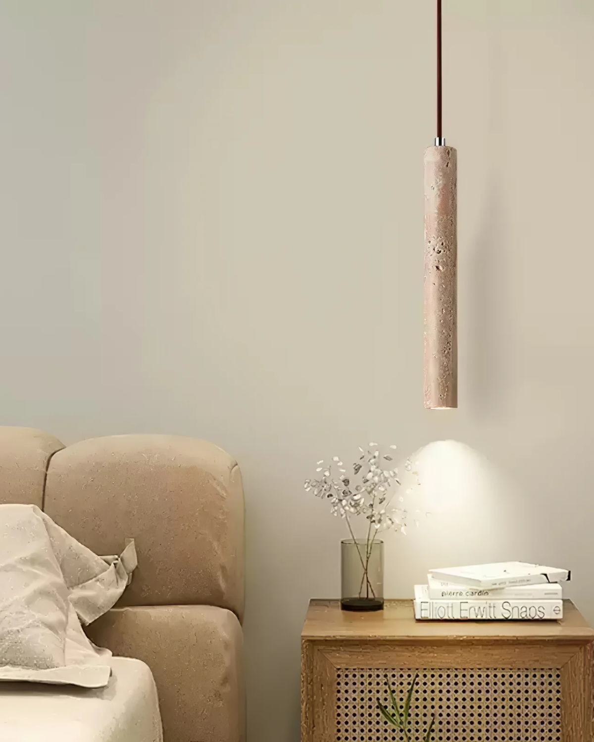 Travertine pendant light minimalist cylinder natural stone warm ambient glow