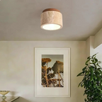 Travertine cylinder ceiling light with wood accent, warm white E27, Japandi style