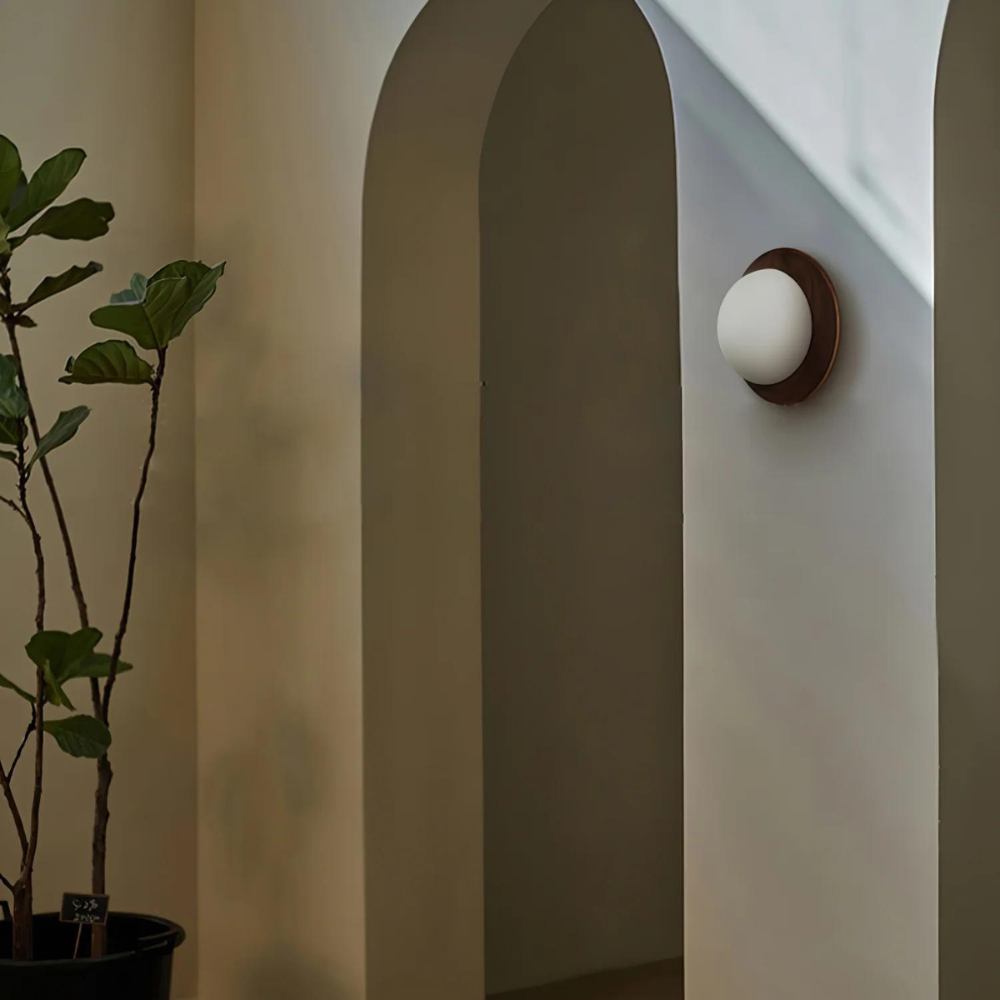Nordic wood wall light with globe shade, LED G9, bedroom and hallway