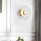 Round wall sconce with brass and glass shade, minimalist LED 1-light indoor fixture