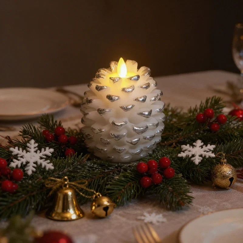 Flameless LED pinecone candles with remote timer and warm white flicker effect