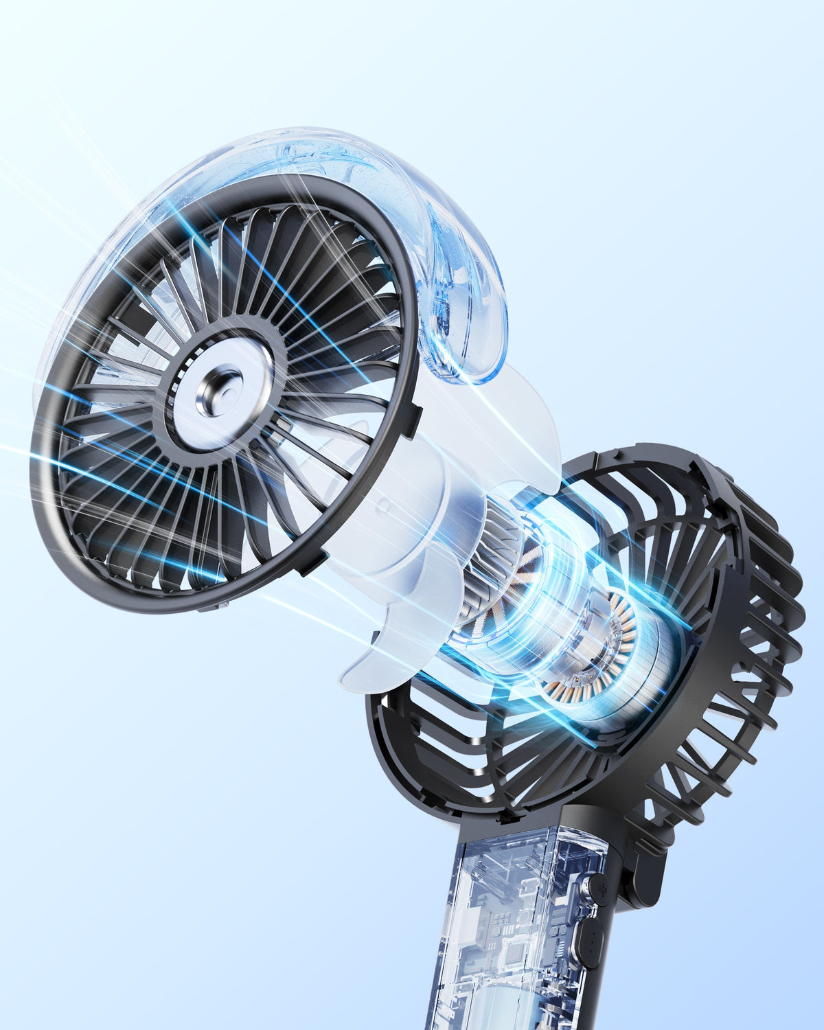 Outdoor misting fan portable foldable 180° handheld with nano-mist spray and 3 speeds