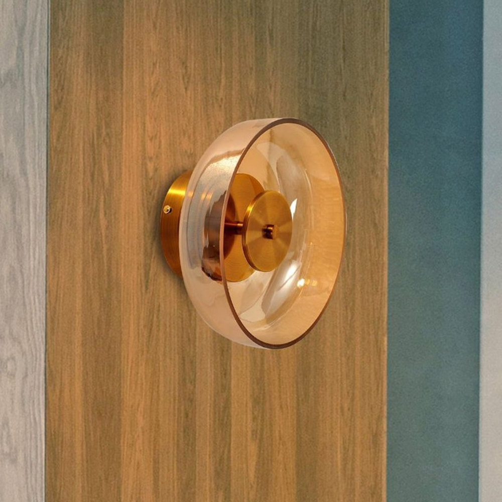 Round wall sconce with brass and glass shade, minimalist LED 1-light indoor fixture
