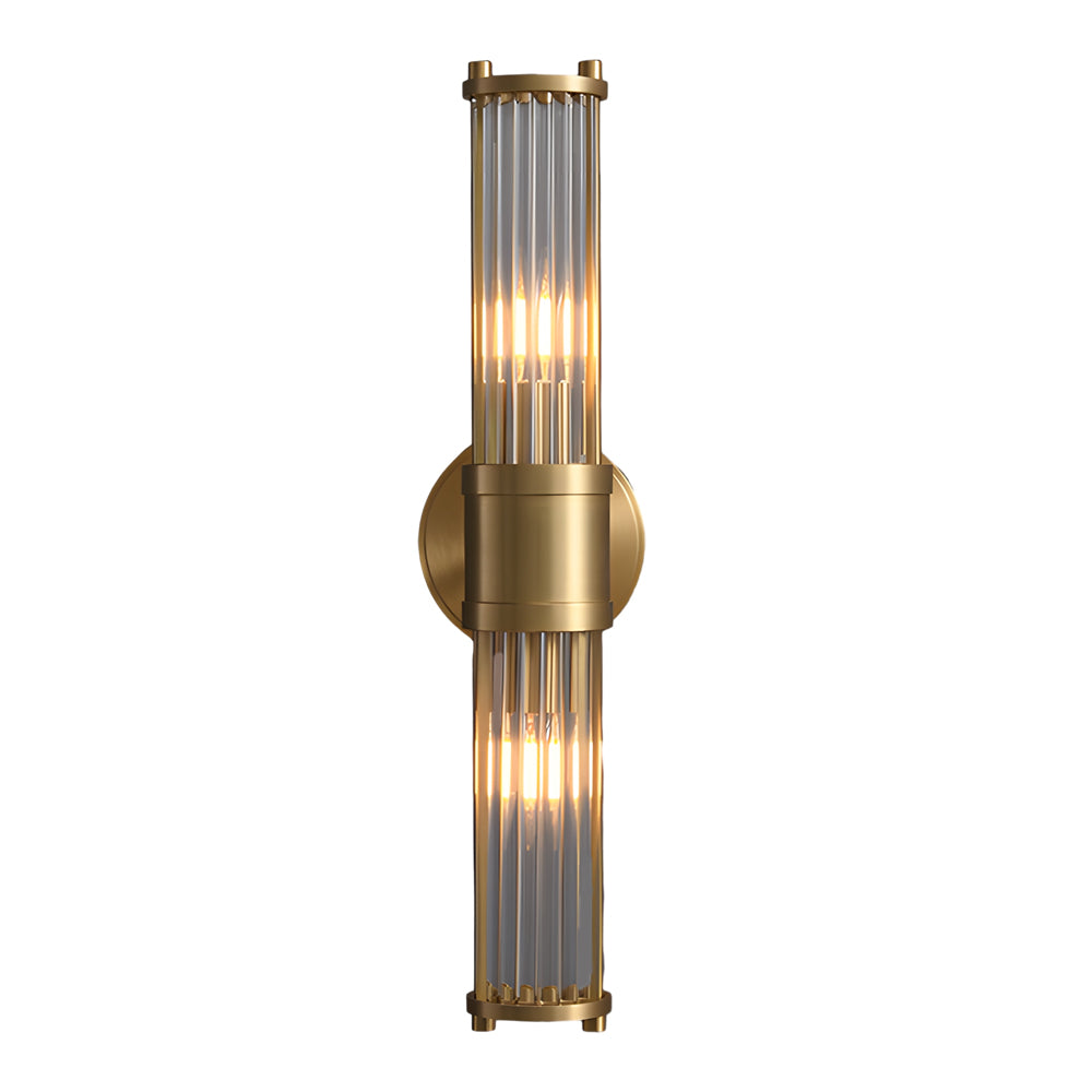 Modern wall lamp with cylindrical ribbed clear glass shade in chrome and gold finish, 1 or 2 light
