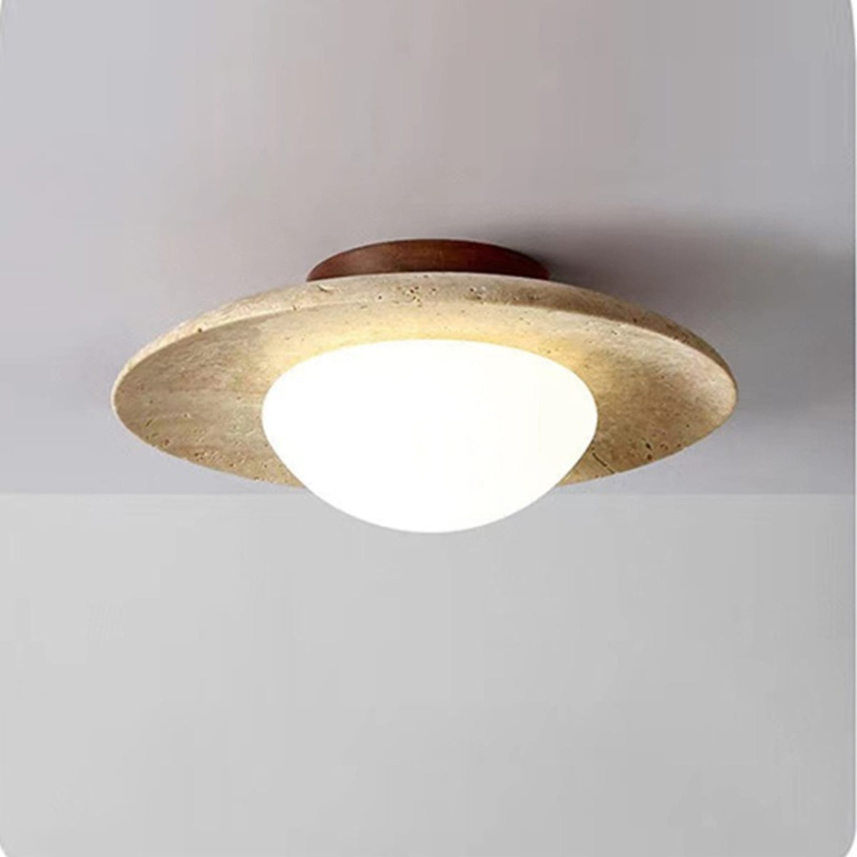 Semi-flush ceiling light with travertine and wood finish, warm white LED glow, modern low-profile design