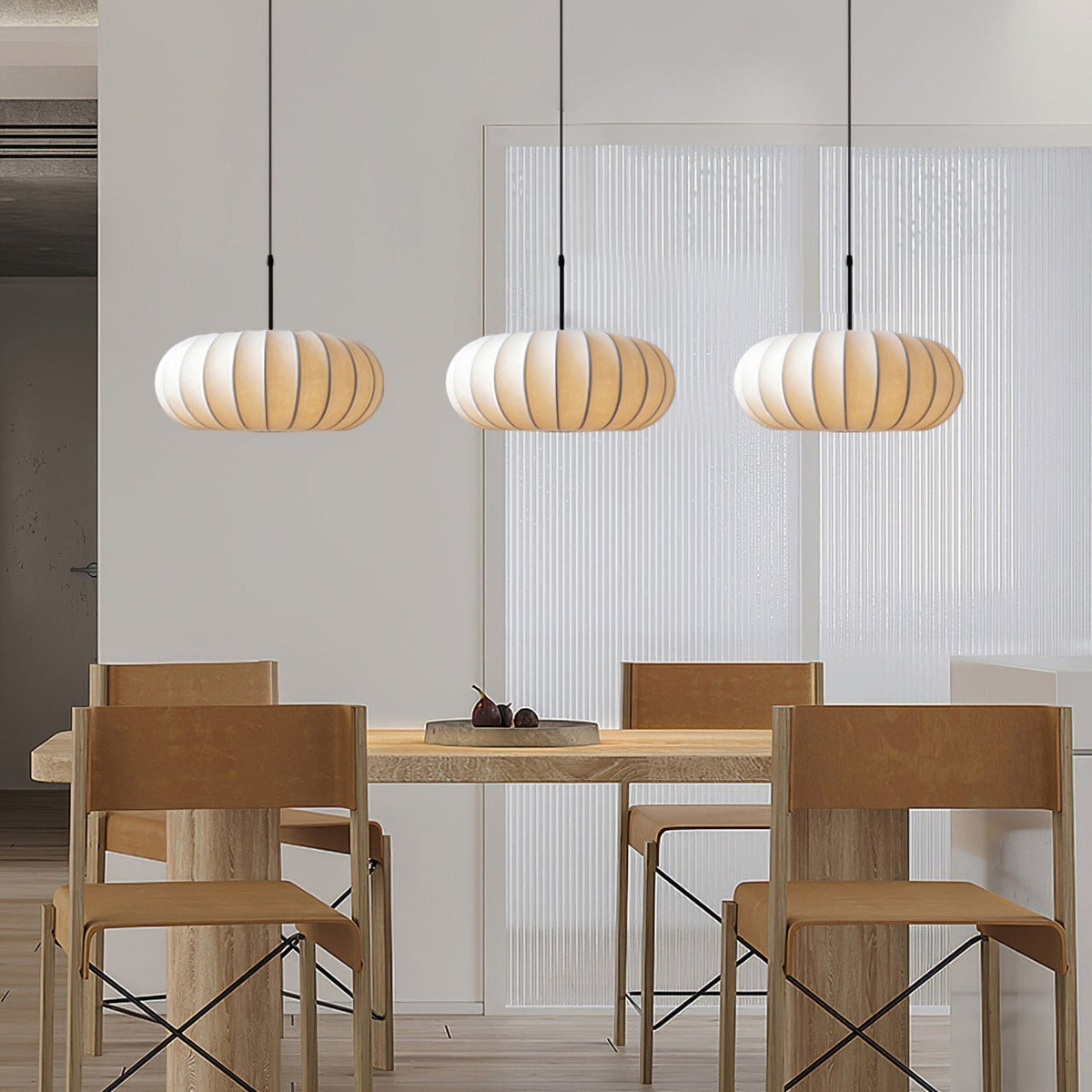 Fabric pendant light modern silk shade for living and dining room, hardwired matte finish