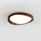 Flush mount ceiling light with walnut wood-effect frame and fabric shade, tri-colour, slim profile