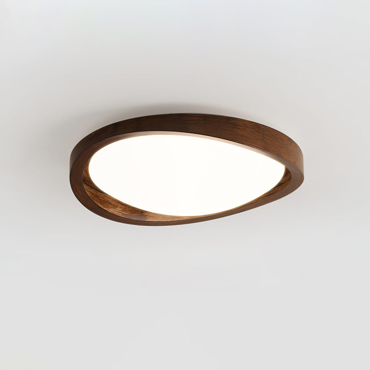 Flush mount ceiling light with walnut wood-effect frame and fabric shade, tri-colour, slim profile
