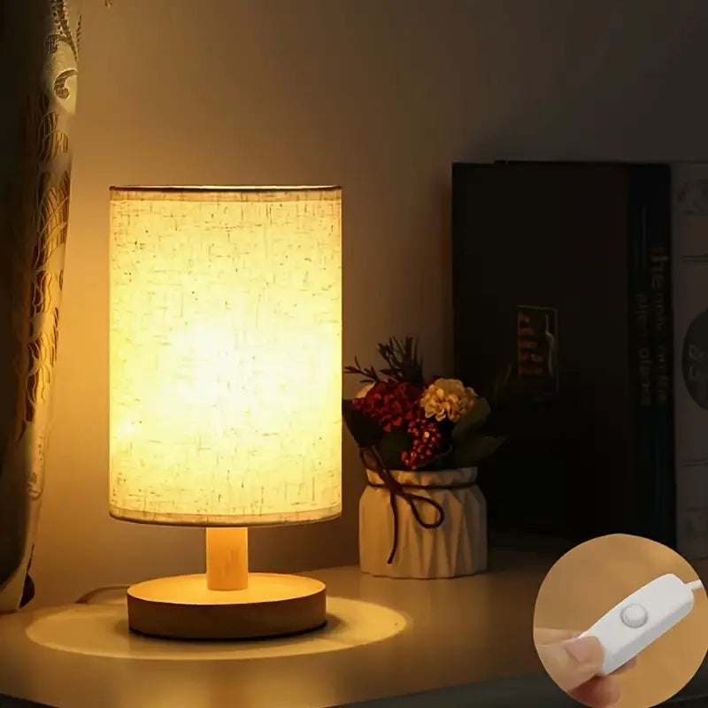 Minimalist Japanese LED Table Lamp - Wooden Base - Fabric Shade