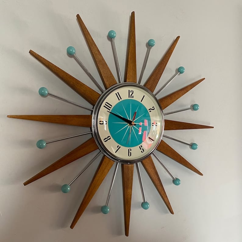 Mid-Century Handmade Wall Clock | Retro Sunburst, Silent Battery