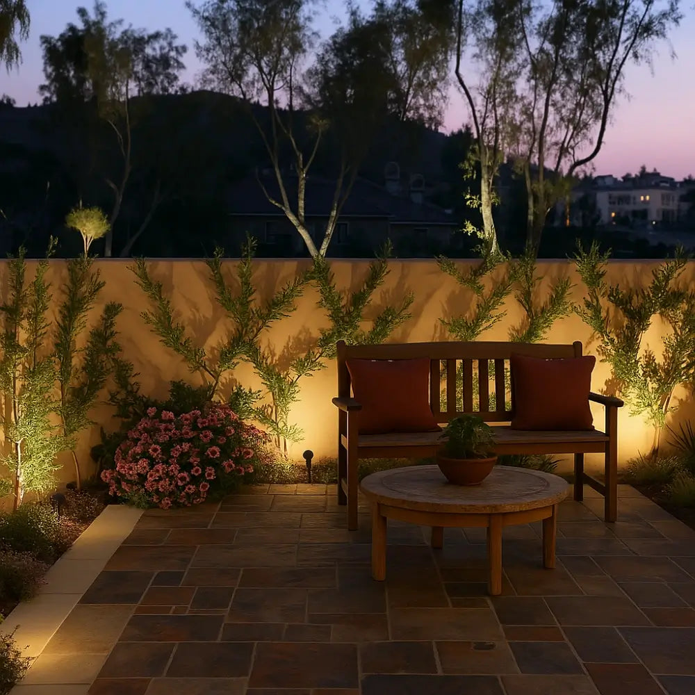 Solar garden spotlight with 9 color modes, IP55 weatherproof, 90° adjustable panel