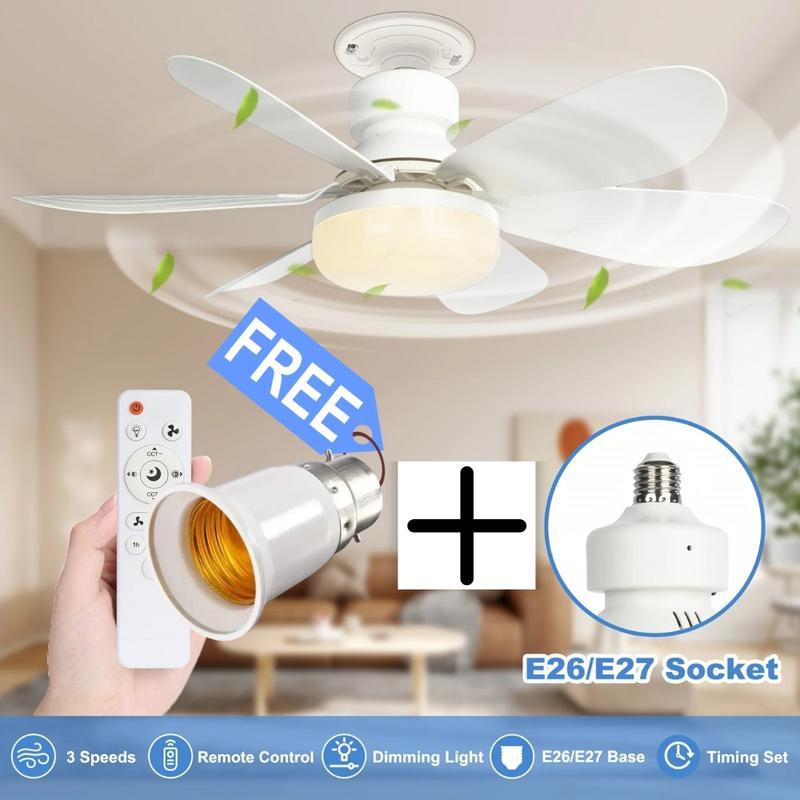 2-in-1 dimmable socket fan E26 E27 with remote control, LED ceiling fan