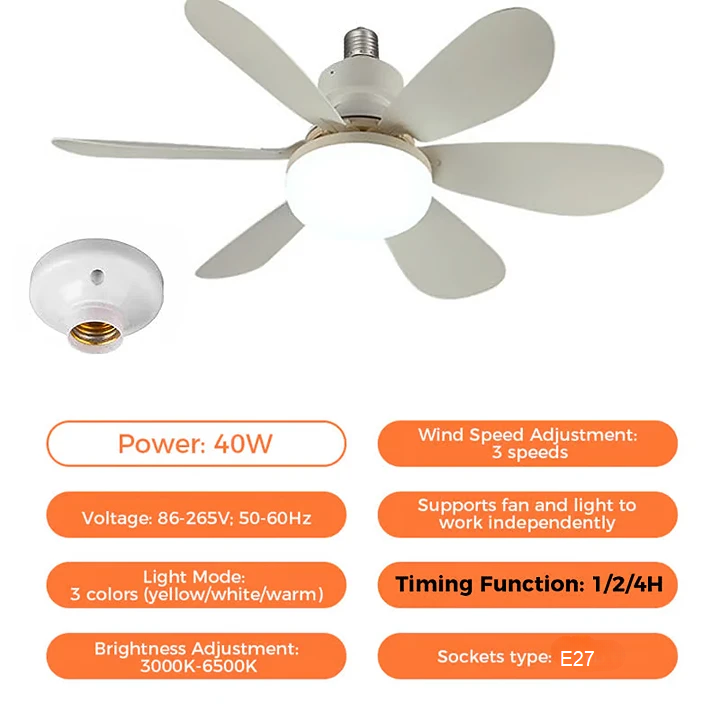 Socket Fan Ceiling Fan with Light | LED, Remote Control, E27/B22