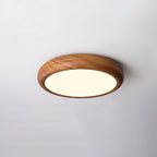 Flush mount ceiling light with walnut wood grain and white iron frame, slim modern profile