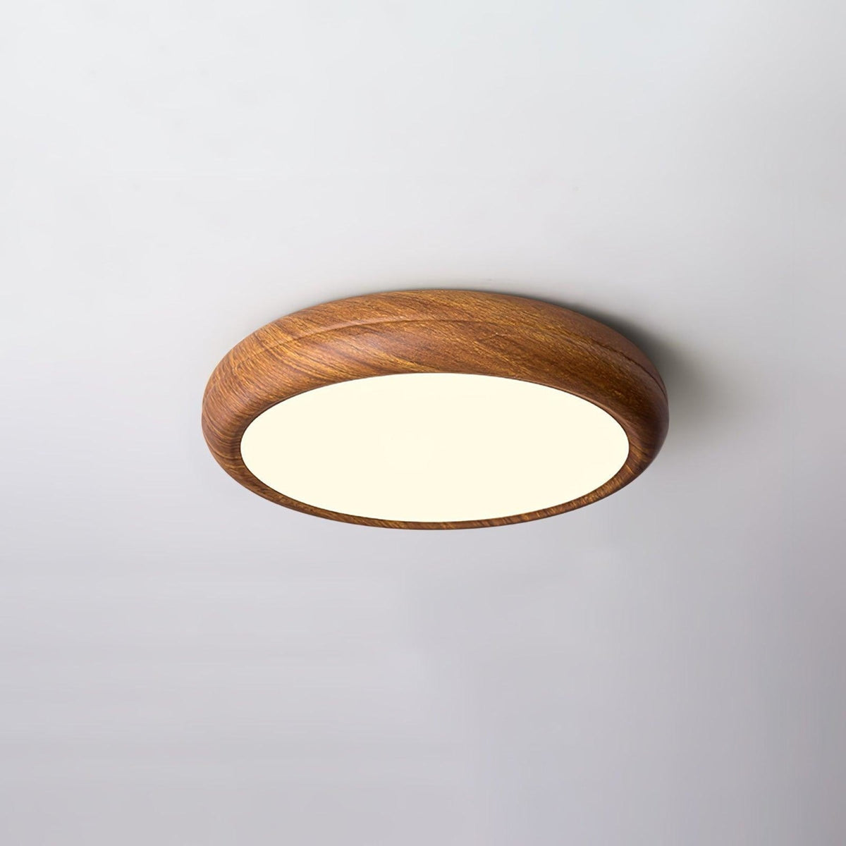 Flush mount ceiling light with walnut wood grain and white iron frame, slim modern profile
