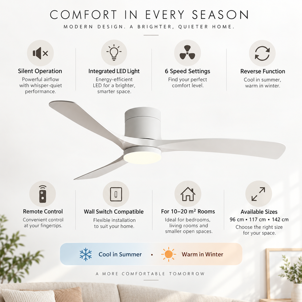 Ceiling Fan with LED Light | 6 Speed, Whisper Quiet | Modern Design