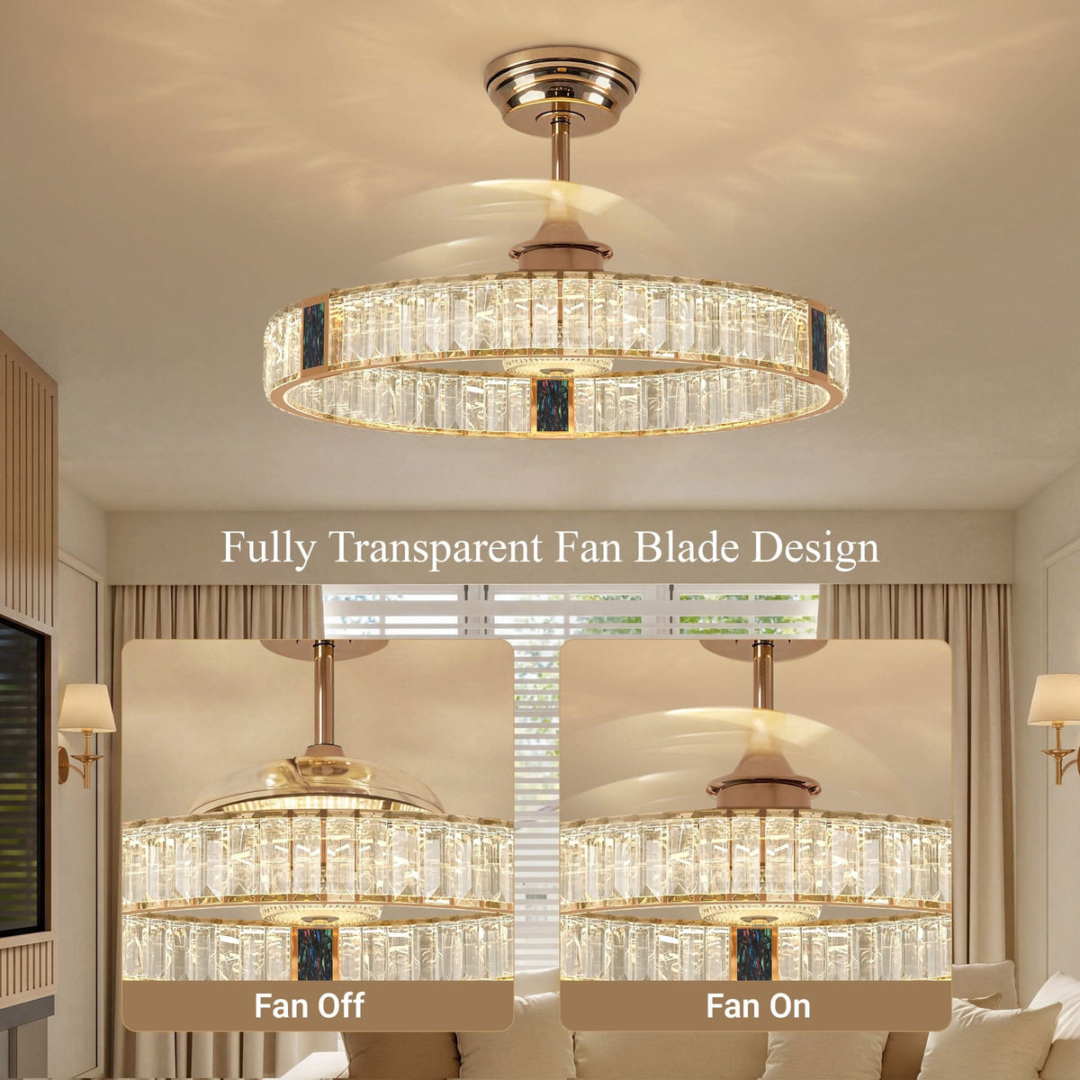 DC ceiling fan with LED light, gold crystal chandelier design, 60cm, 6 speeds with remote control