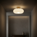 Flush mount ceiling light with vintage amber glass shade and brass canopy, E27 pendant