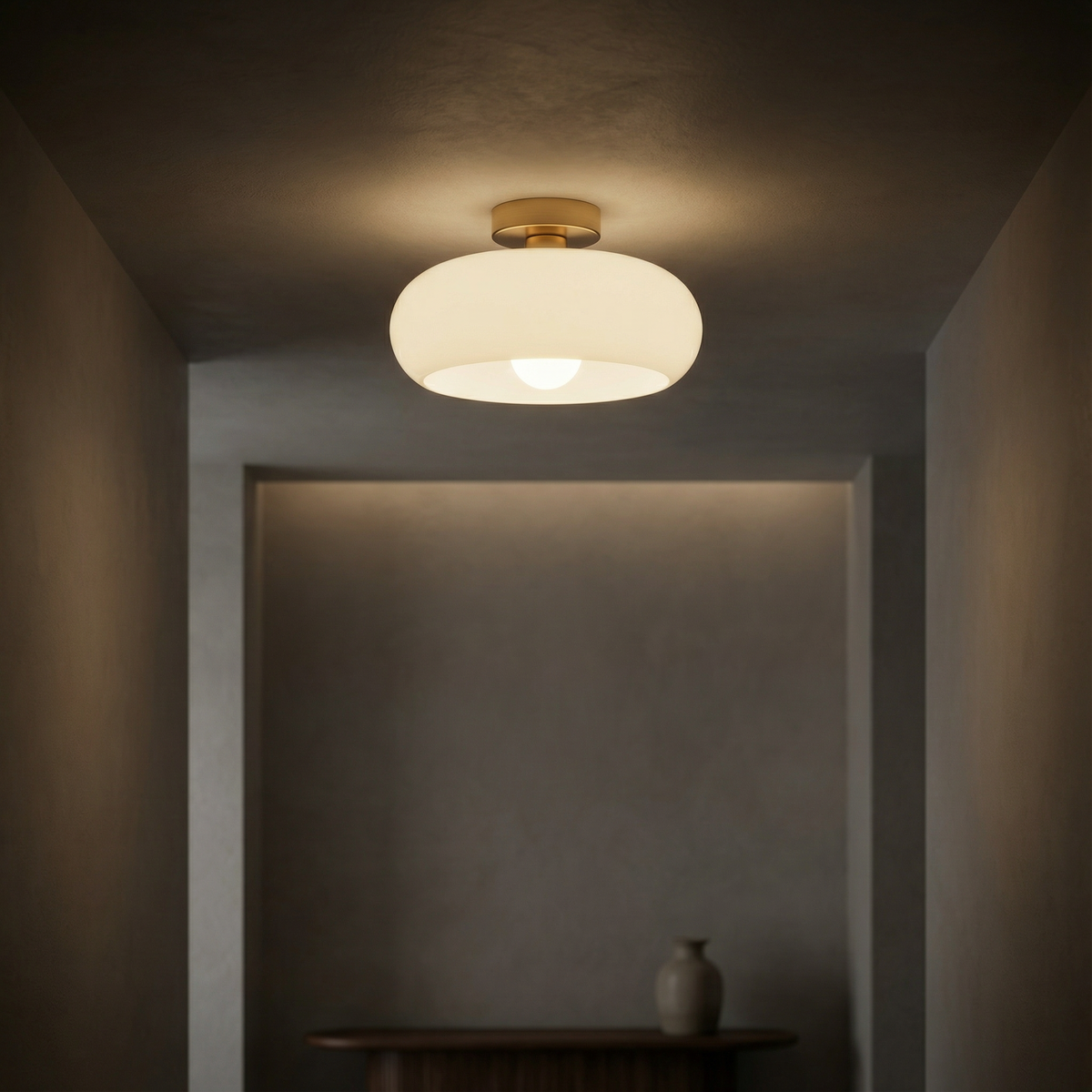Flush mount ceiling light with vintage amber glass shade and brass canopy, E27 pendant