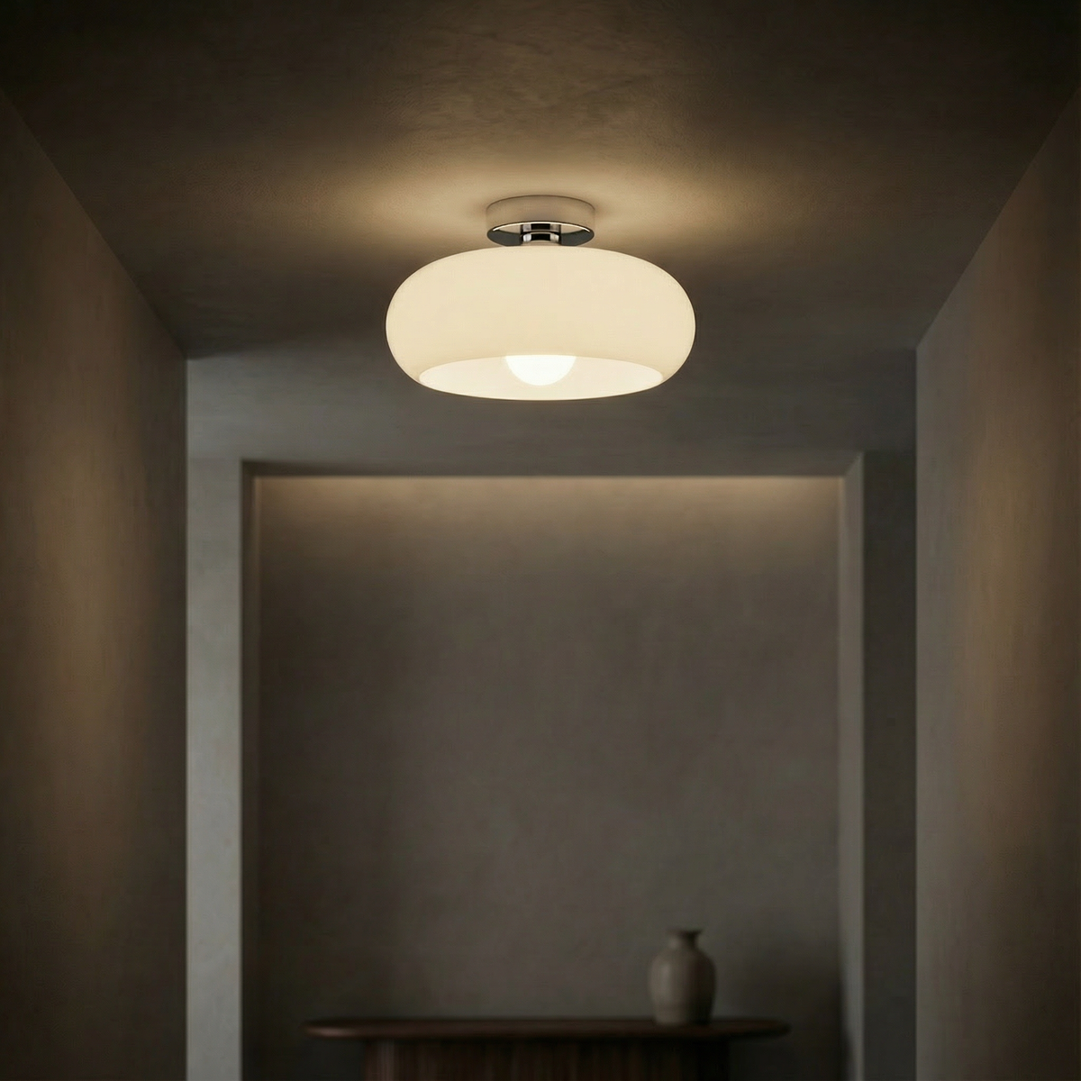 Flush mount ceiling light with vintage amber glass shade and brass canopy, E27 pendant