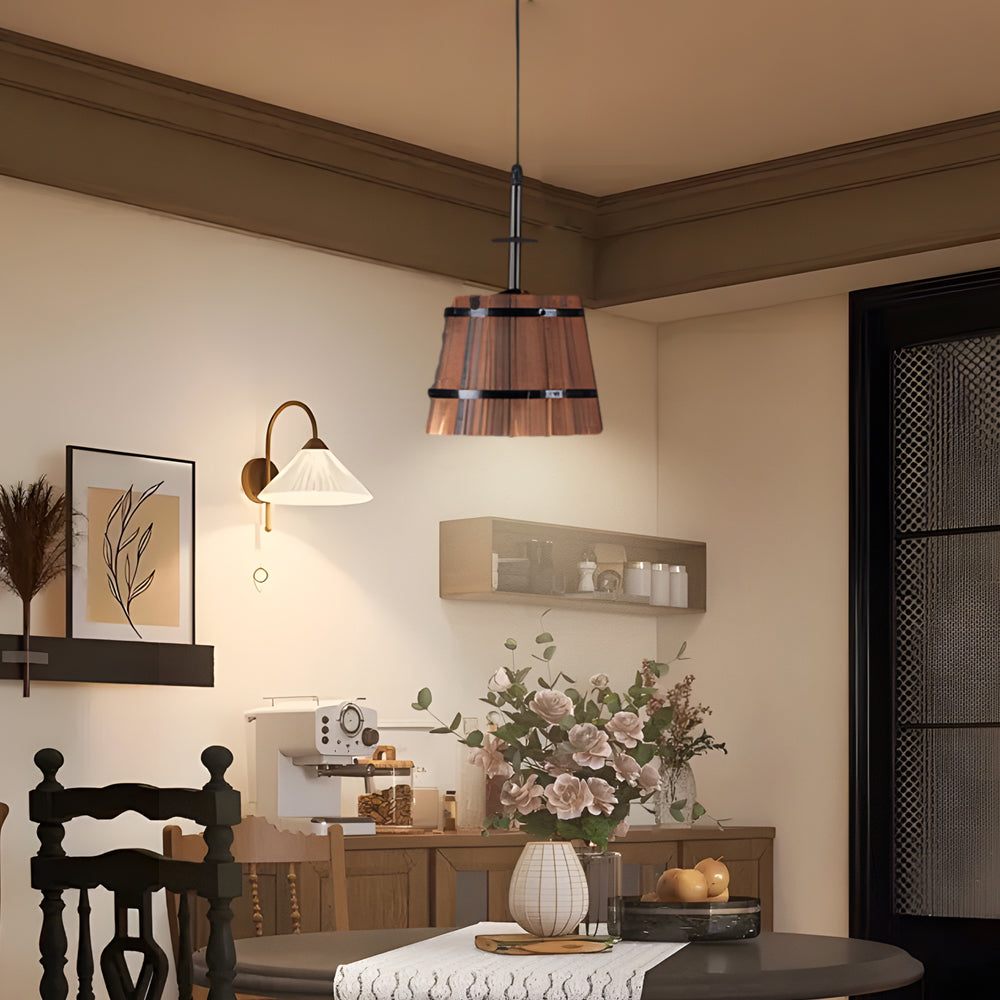 Pendant light with rustic wooden bucket shade, industrial vintage style