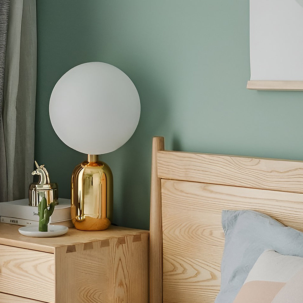 Hand-blown glass table lamp Nordic style, frosted globe on metal base, gold and black finish
