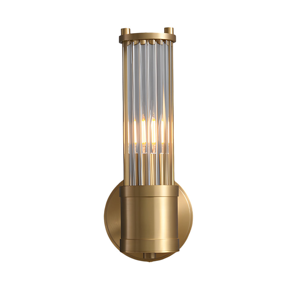 Modern wall lamp with cylindrical ribbed clear glass shade in chrome and gold finish, 1 or 2 light