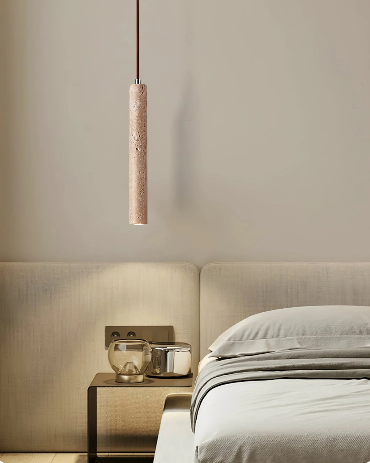 Travertine pendant light minimalist cylinder natural stone warm ambient glow