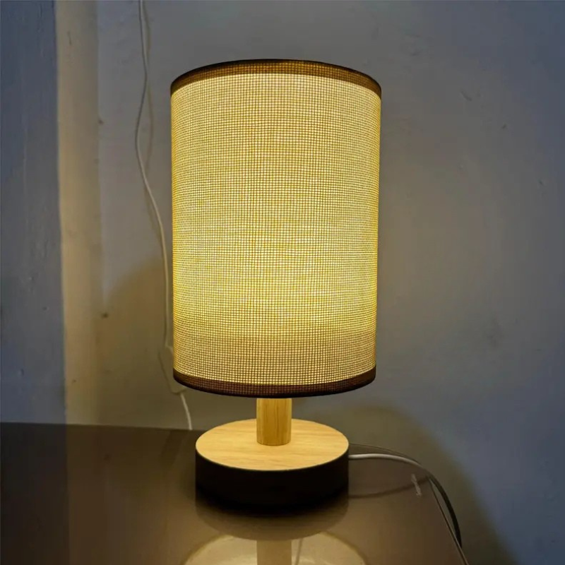Minimalist Japanese LED Table Lamp - Wooden Base - Fabric Shade