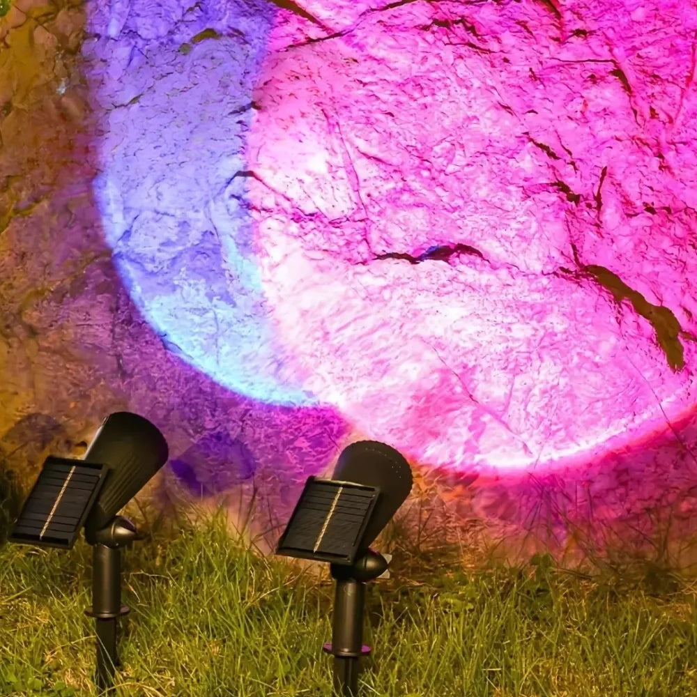 Solar garden spotlight with 9 color modes, IP55 weatherproof, 90° adjustable panel