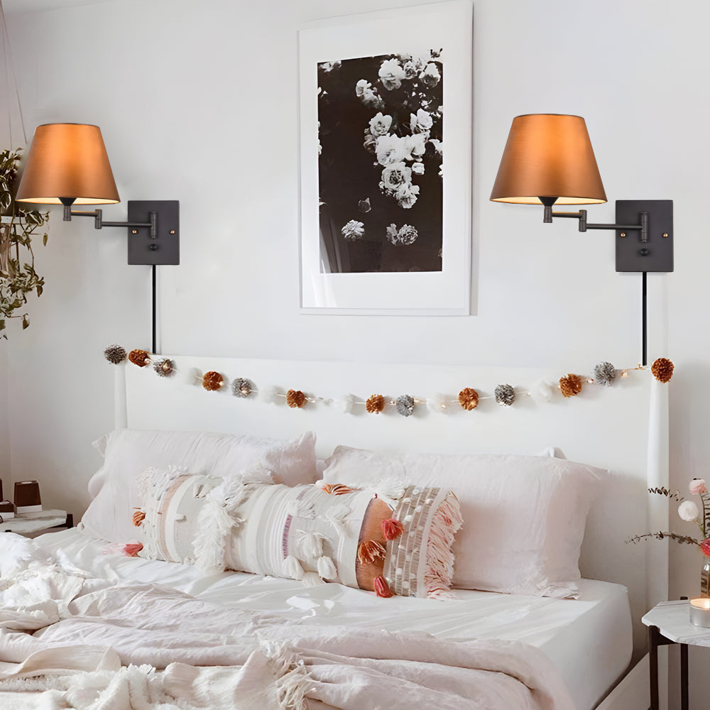 Plug-in swing arm wall lamp with linen shade and black iron frame, warm white E26 LED