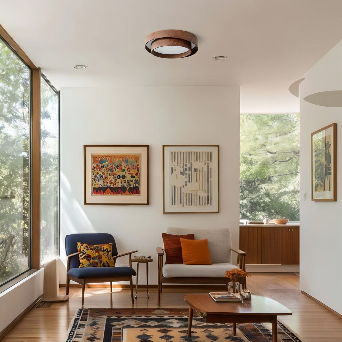 Flush mount ceiling light with walnut wood finish and multi-color LED, modern low-profile design