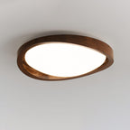 Flush mount ceiling light with walnut wood-effect frame and fabric shade, tri-colour, slim profile
