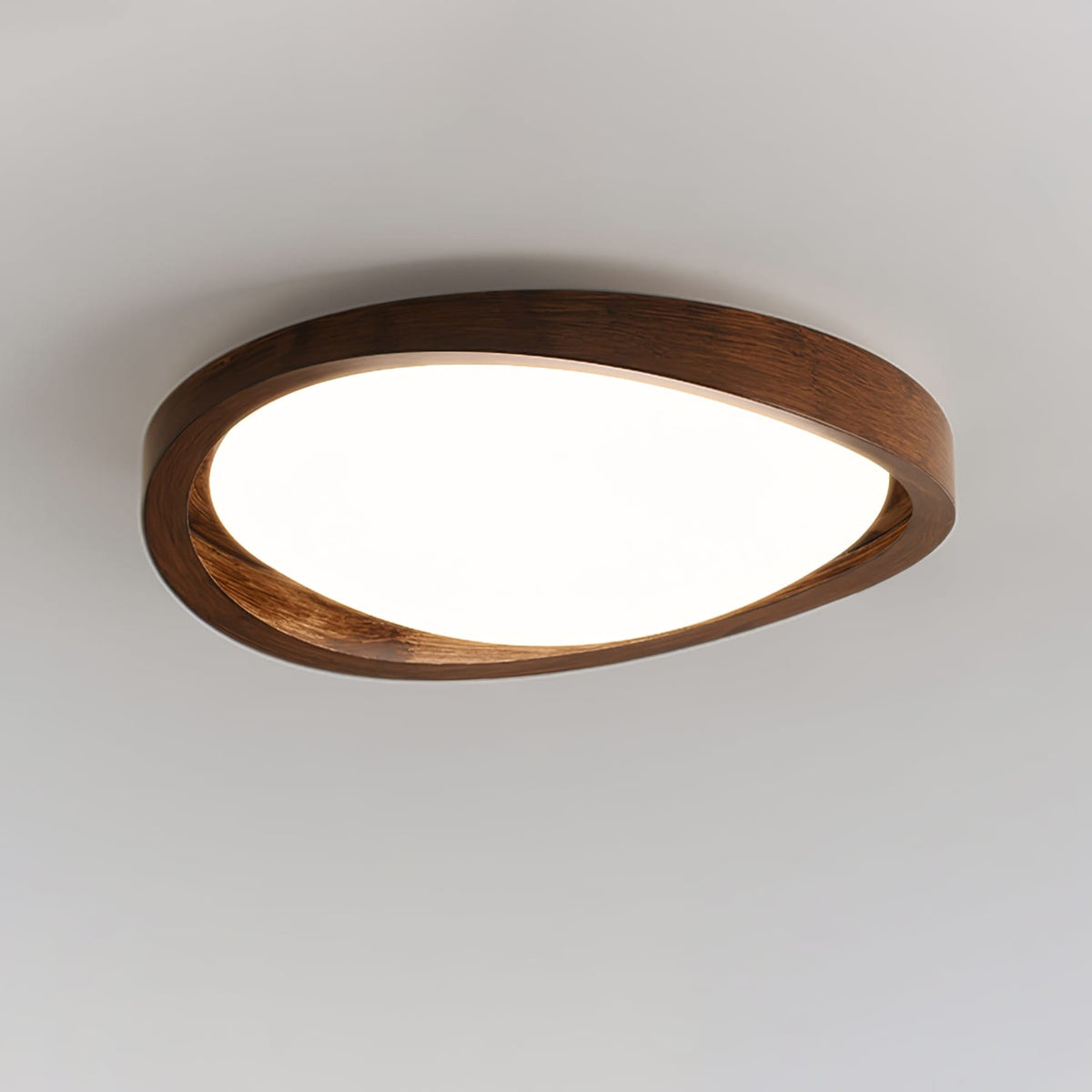 Flush mount ceiling light with walnut wood-effect frame and fabric shade, tri-colour, slim profile