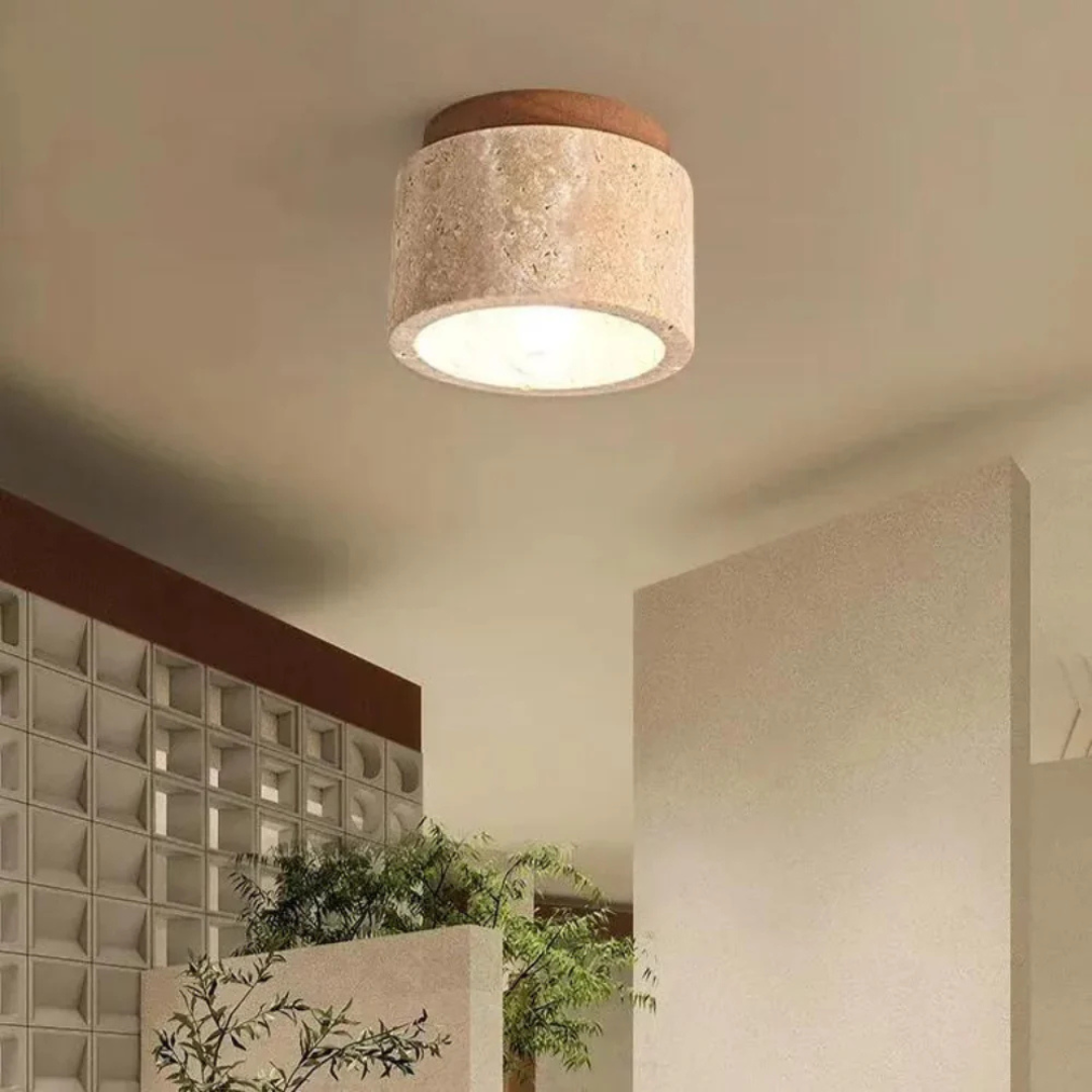 Travertine cylinder ceiling light with wood accent, warm white E27, Japandi style